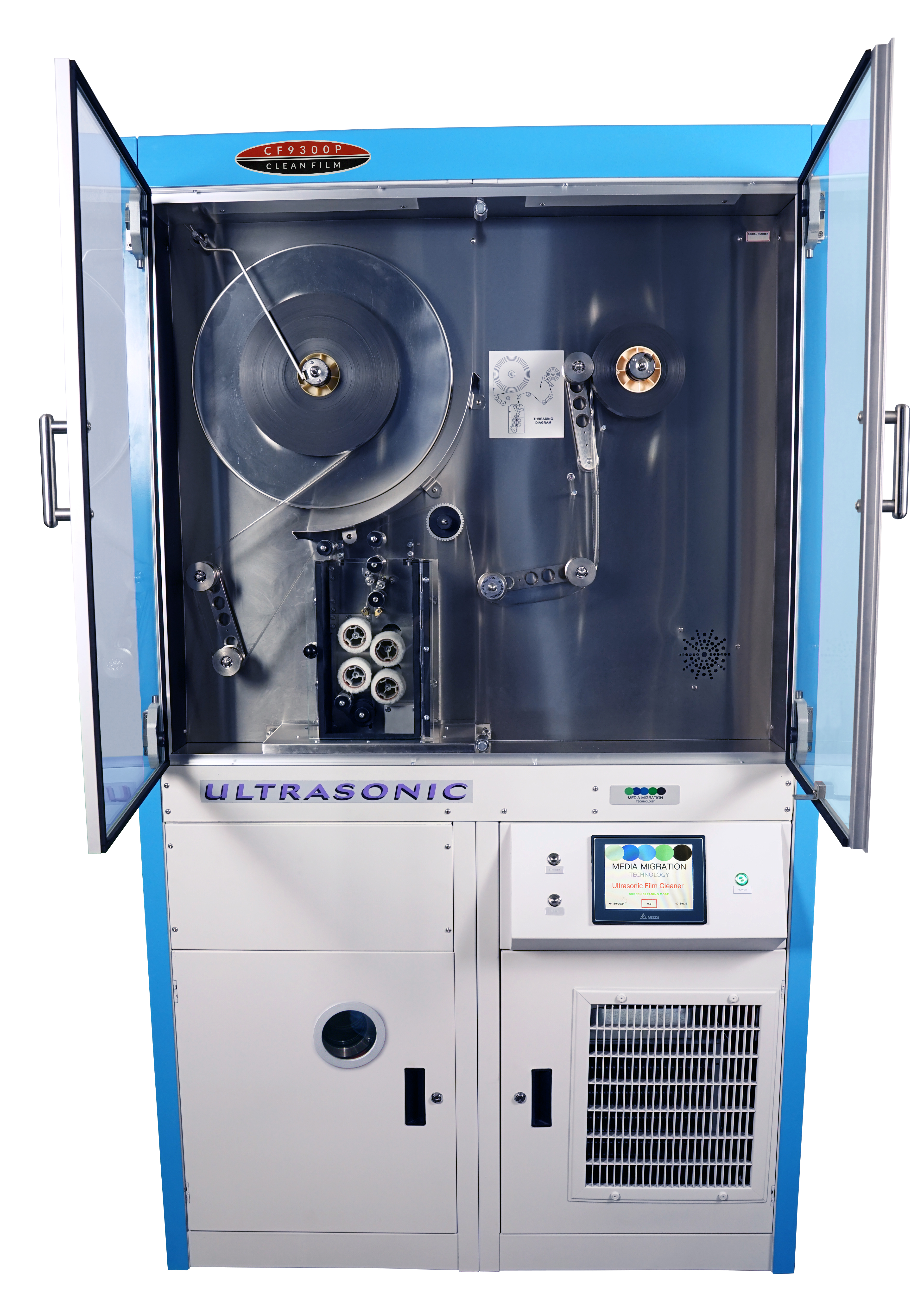 MMT CF9300P ultrasonic film cleaner — front view doors open